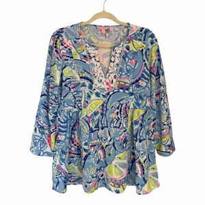 Lilly Pulitzer Lyndsea Blue Citrus Print Tunic Top Size XS Embroidered V-Neck
